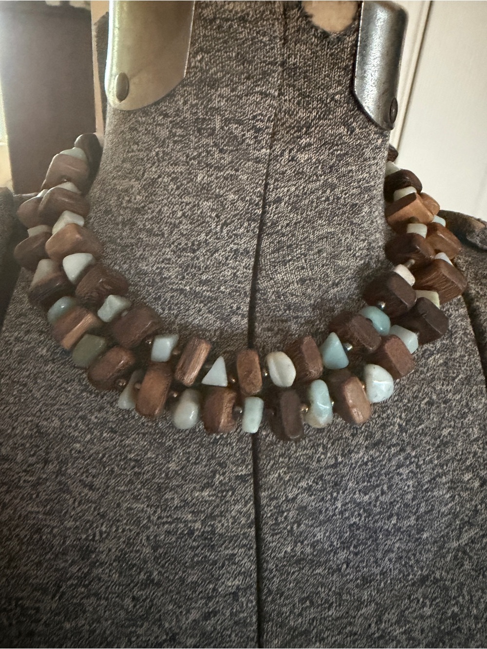 Wood Bead necklace greenish blue stones